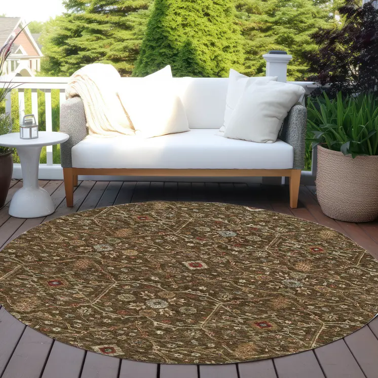 8' Chocolate Red And Green Round Floral Washable Indoor Outdoor Area Rug