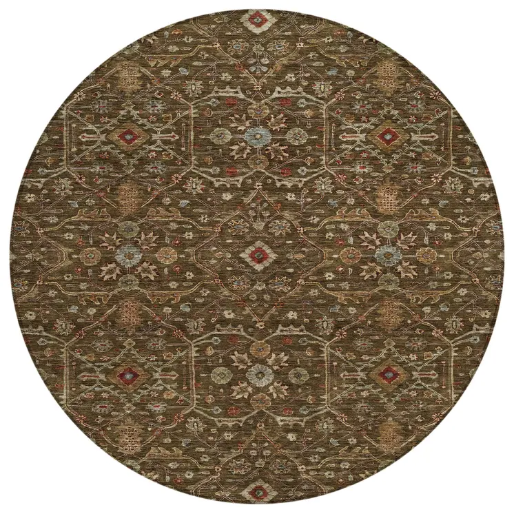 8' Chocolate Red And Green Round Floral Washable Indoor Outdoor Area Rug