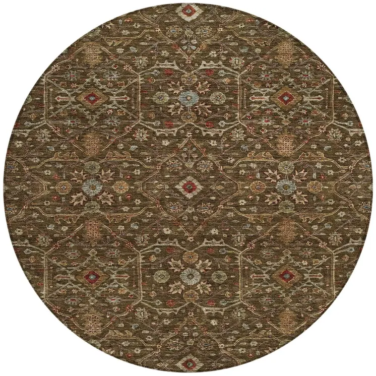 8' Chocolate Red And Green Round Floral Washable Indoor Outdoor Area Rug
