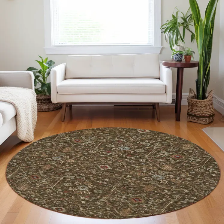 8' Chocolate Red And Green Round Floral Washable Indoor Outdoor Area Rug