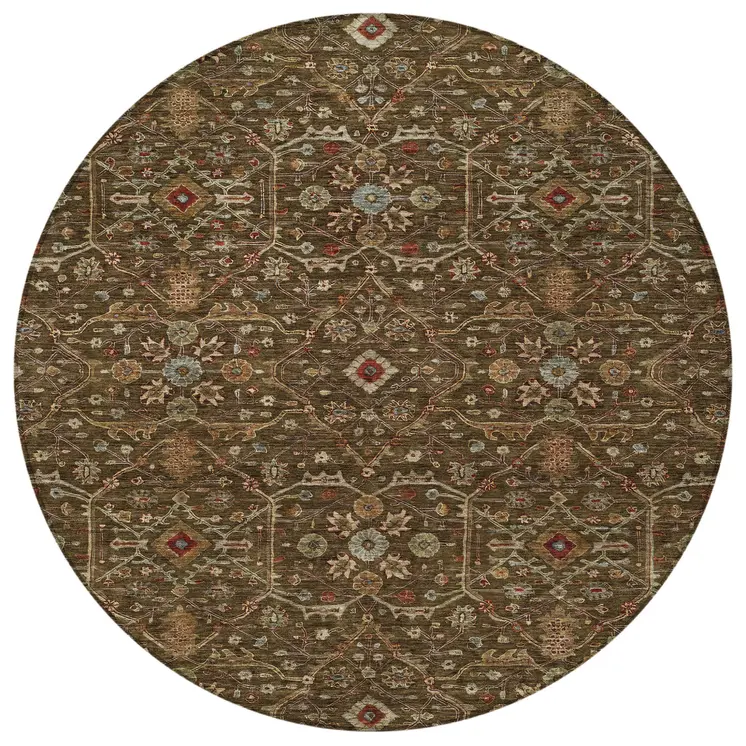 8' Chocolate Red And Green Round Floral Washable Indoor Outdoor Area Rug