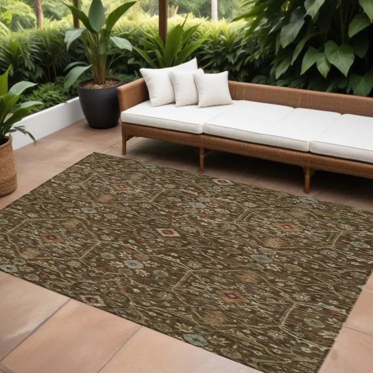 8' X 10' Chocolate Red And Green Floral Washable Indoor Outdoor Area Rug