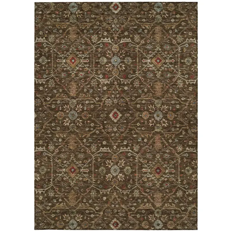 9' X 12' Chocolate Red And Green Floral Washable Indoor Outdoor Area Rug