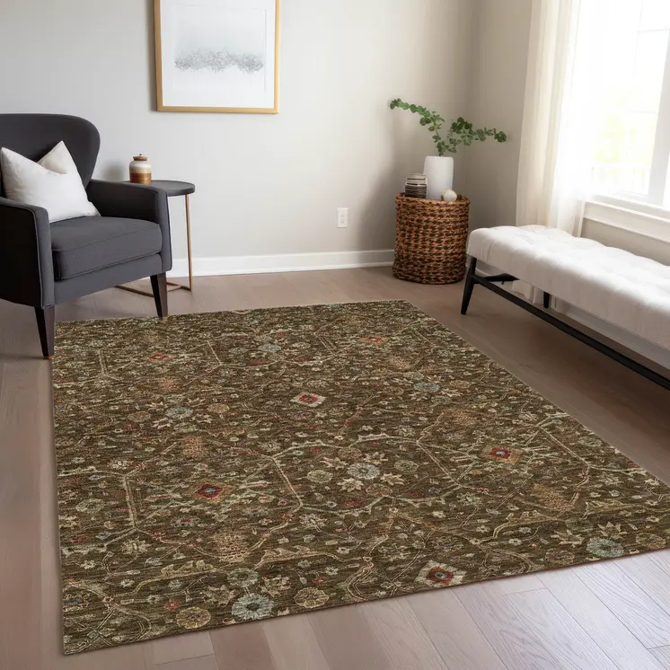 10' X 14' Chocolate Red And Green Floral Washable Indoor Outdoor Area Rug