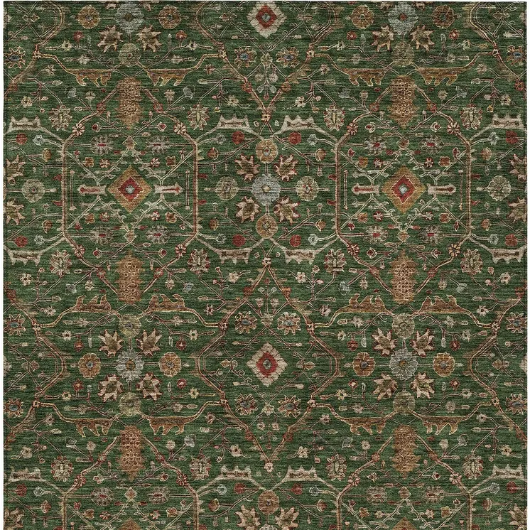 5' X 8' Emerald Brown And Red Floral Washable Indoor Outdoor Area Rug