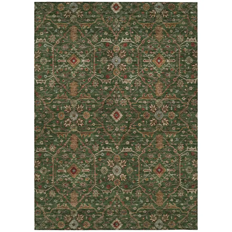 5' X 8' Emerald Brown And Red Floral Washable Indoor Outdoor Area Rug