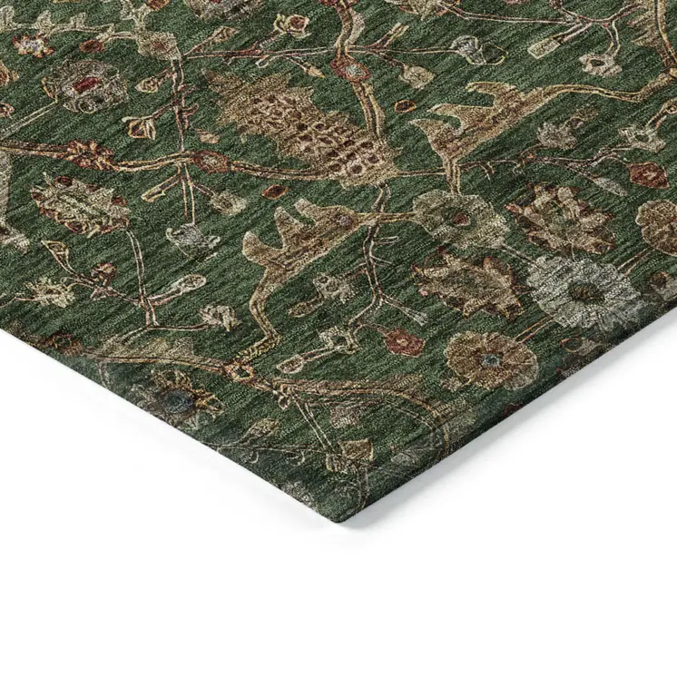 5' X 8' Emerald Brown And Red Floral Washable Indoor Outdoor Area Rug
