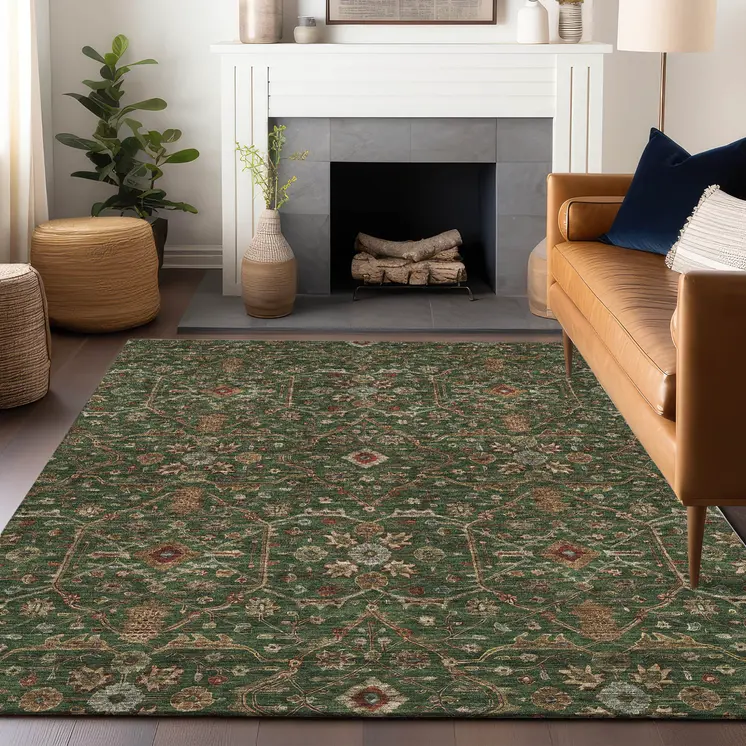 5' X 8' Emerald Brown And Red Floral Washable Indoor Outdoor Area Rug