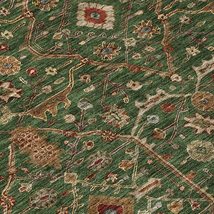 8' Emerald Brown And Red Round Floral Washable Indoor Outdoor Area Rug
