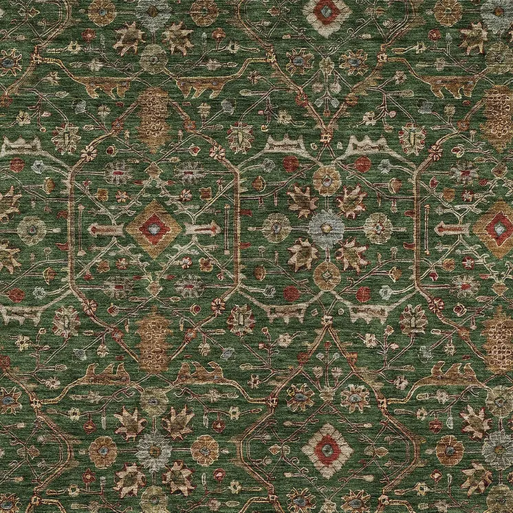 8' X 10' Emerald Brown And Red Floral Washable Indoor Outdoor Area Rug