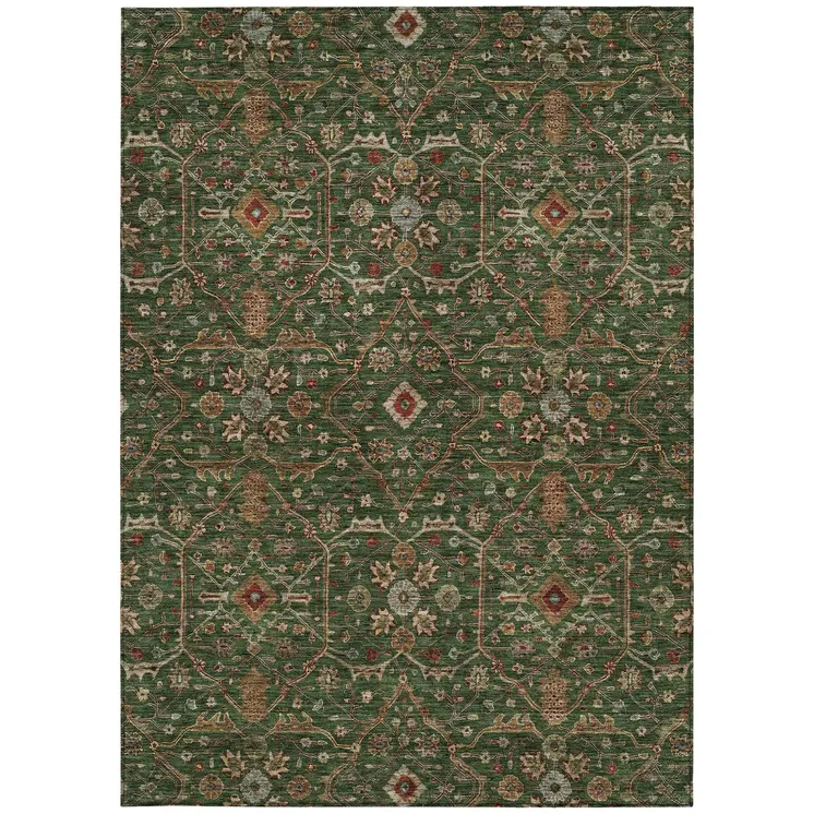 9' X 12' Emerald Brown And Red Floral Washable Indoor Outdoor Area Rug