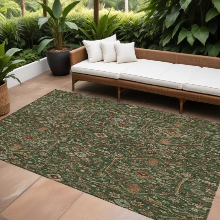 10' X 14' Emerald Brown And Red Floral Washable Indoor Outdoor Area Rug