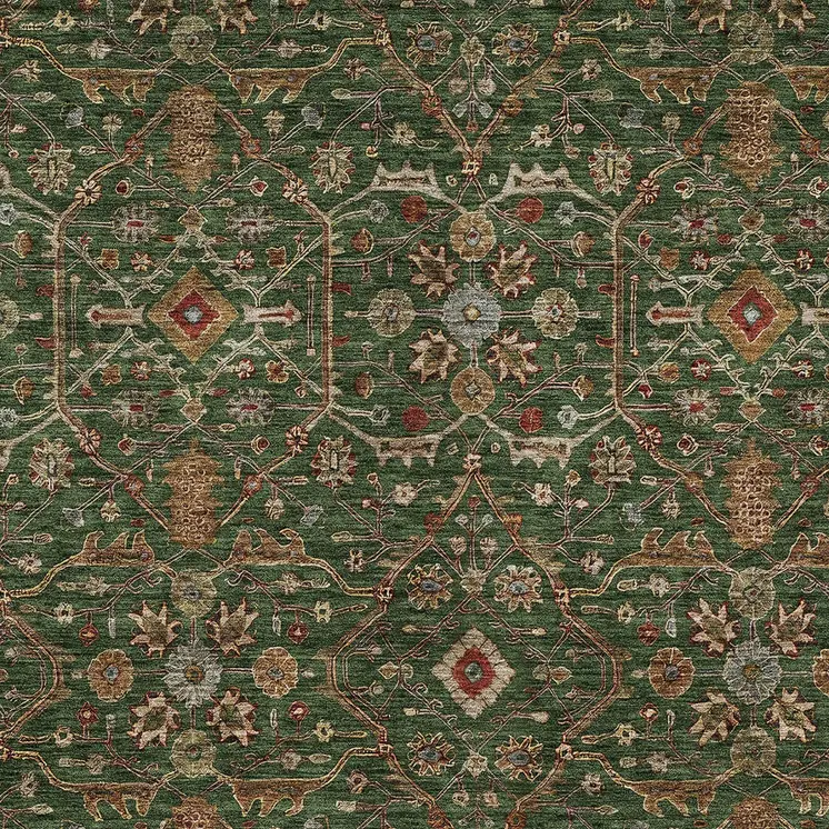 10' X 14' Emerald Brown And Red Floral Washable Indoor Outdoor Area Rug