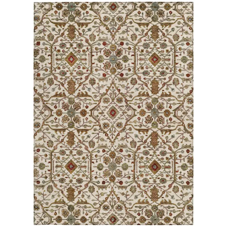 3' X 5' Ivory Brown And Red Floral Washable Indoor Outdoor Area Rug