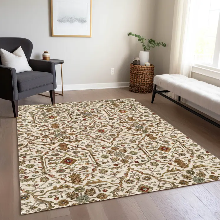 3' X 5' Ivory Brown And Red Floral Washable Indoor Outdoor Area Rug