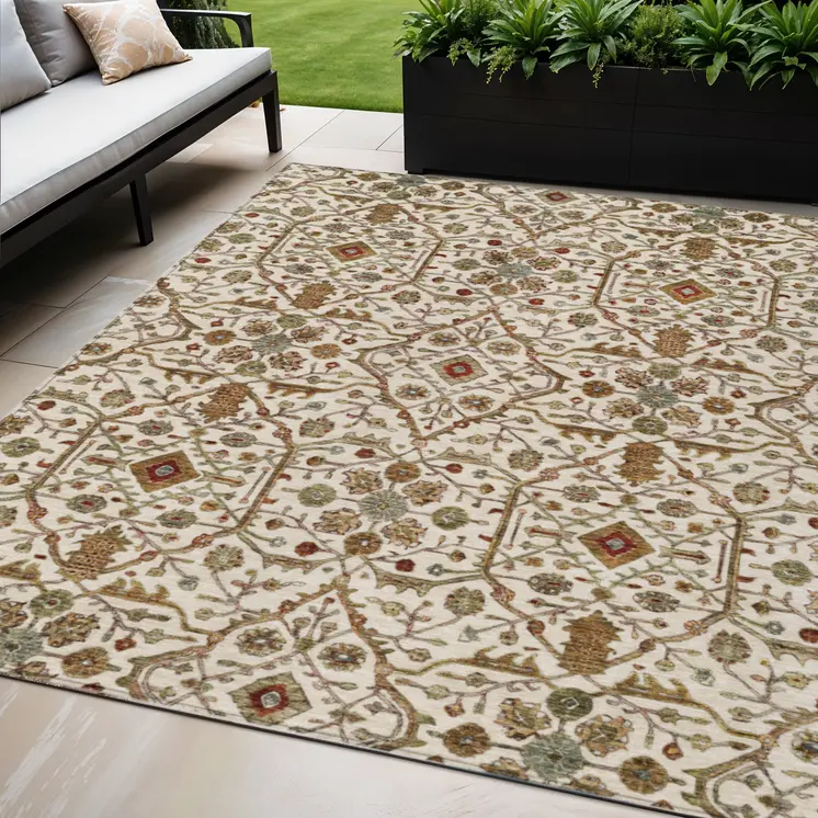 5' X 8' Ivory Brown And Red Floral Washable Indoor Outdoor Area Rug