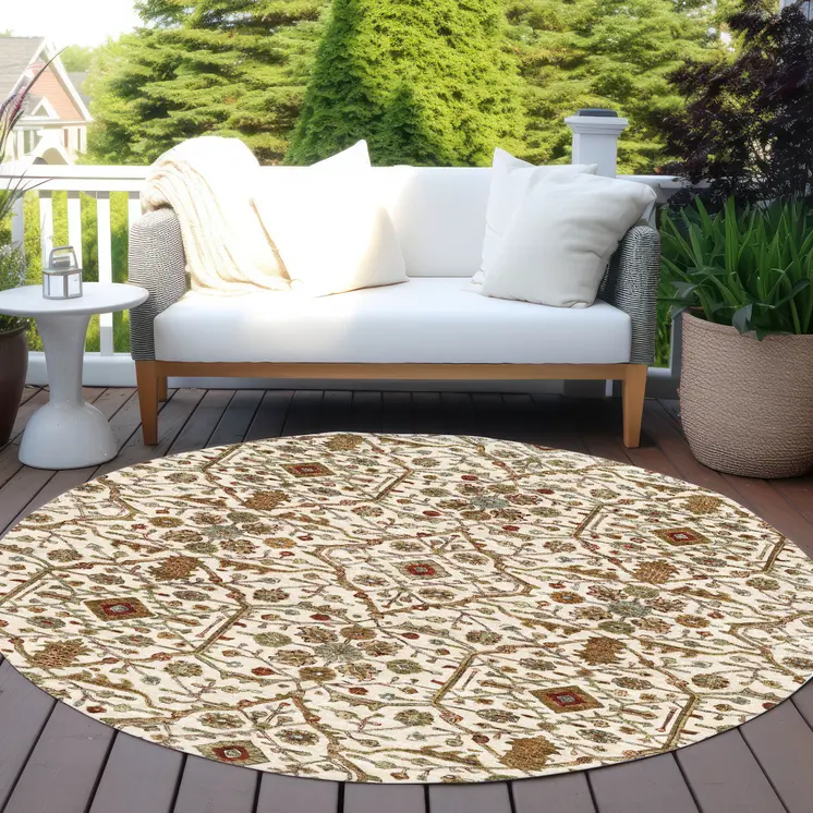 8' Ivory Brown And Red Round Floral Washable Indoor Outdoor Area Rug