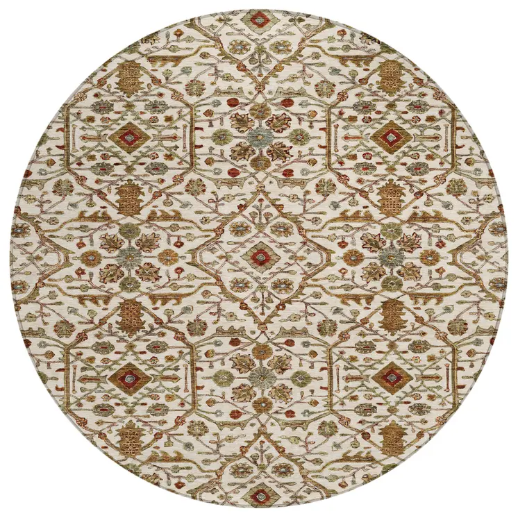 8' Ivory Brown And Red Round Floral Washable Indoor Outdoor Area Rug