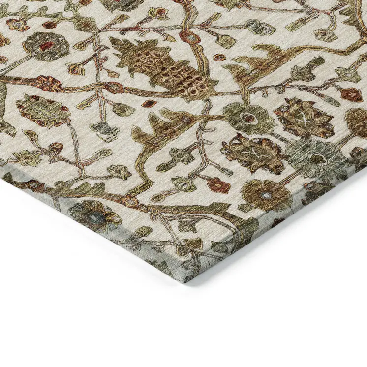 8' Ivory Brown And Red Round Floral Washable Indoor Outdoor Area Rug