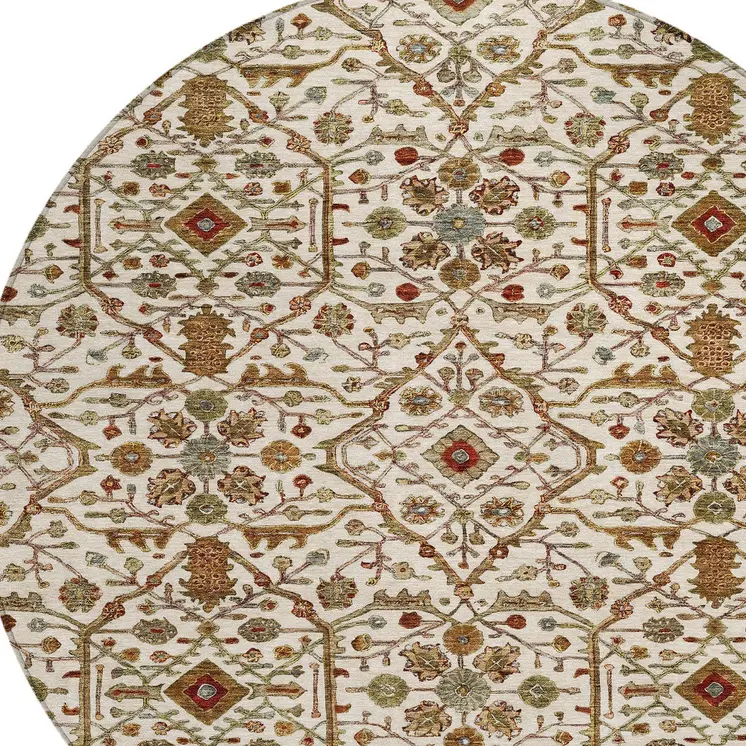 8' Ivory Brown And Red Round Floral Washable Indoor Outdoor Area Rug