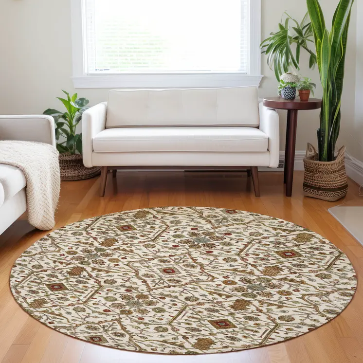 8' Ivory Brown And Red Round Floral Washable Indoor Outdoor Area Rug