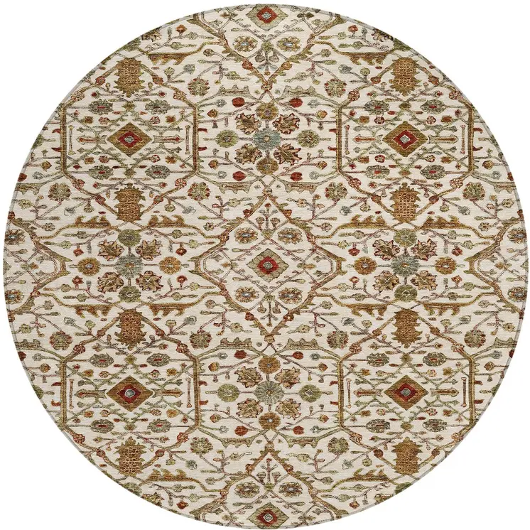 8' Ivory Brown And Red Round Floral Washable Indoor Outdoor Area Rug