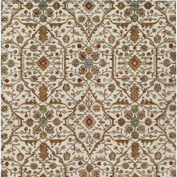 8' X 10' Ivory Brown And Red Floral Washable Indoor Outdoor Area Rug