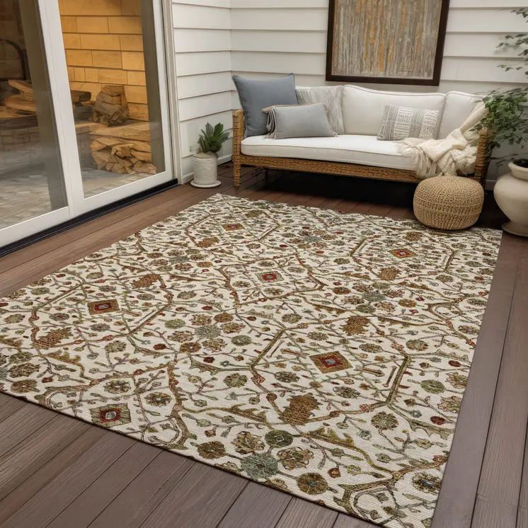 10' X 14' Ivory Brown And Red Floral Washable Indoor Outdoor Area Rug