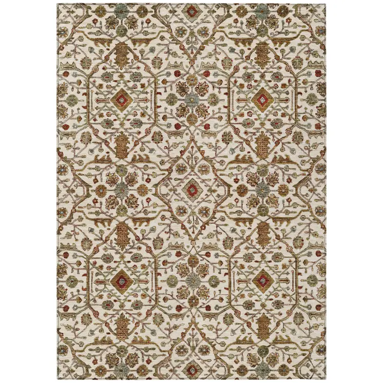 10' X 14' Ivory Brown And Red Floral Washable Indoor Outdoor Area Rug