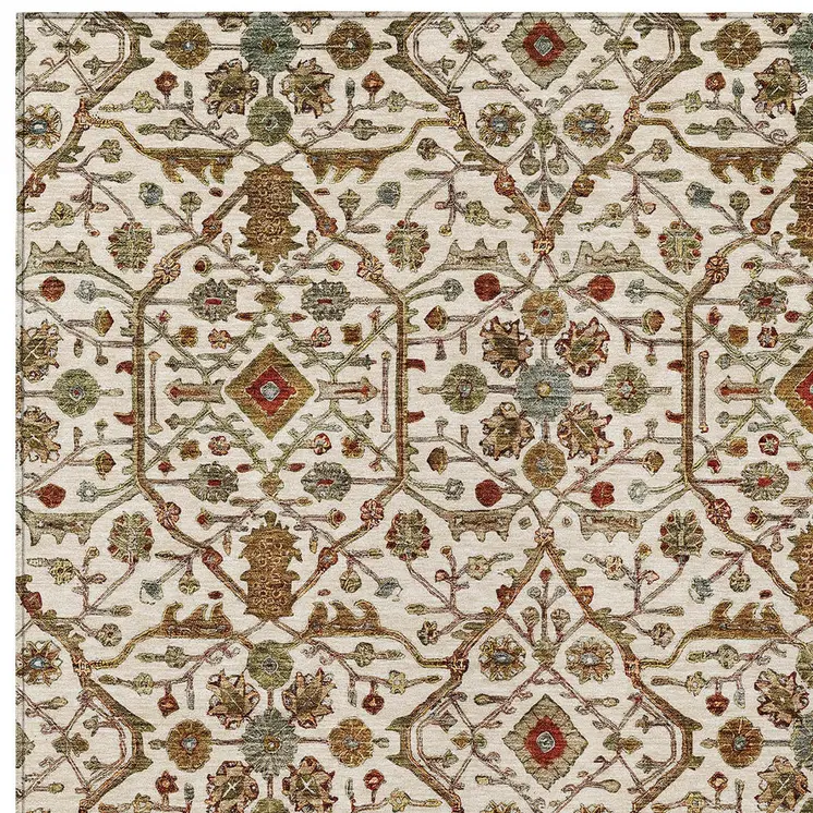10' X 14' Ivory Brown And Red Floral Washable Indoor Outdoor Area Rug
