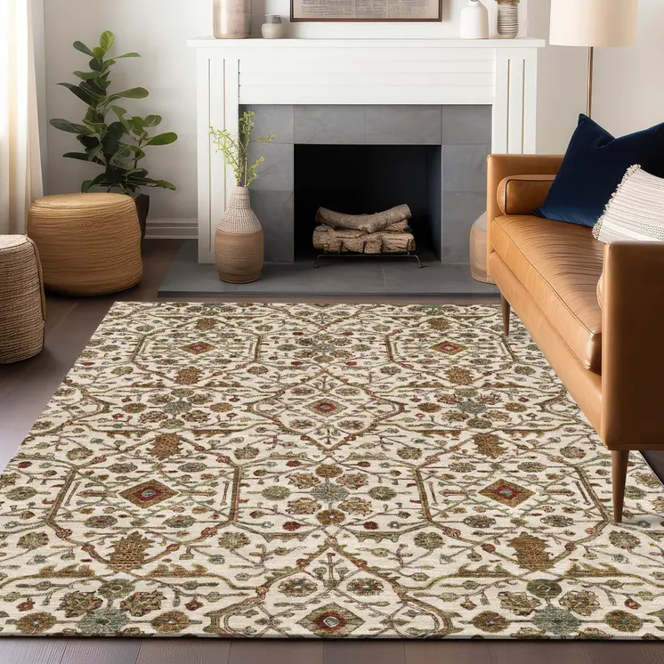 10' X 14' Ivory Brown And Red Floral Washable Indoor Outdoor Area Rug