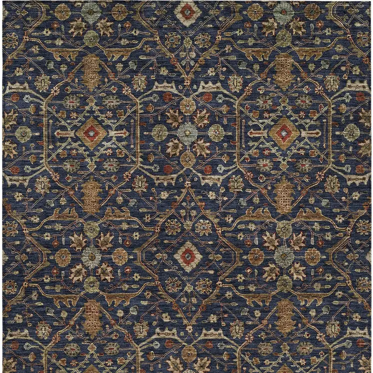 5' X 8' Navy Blue Brown And Red Floral Washable Indoor Outdoor Area Rug