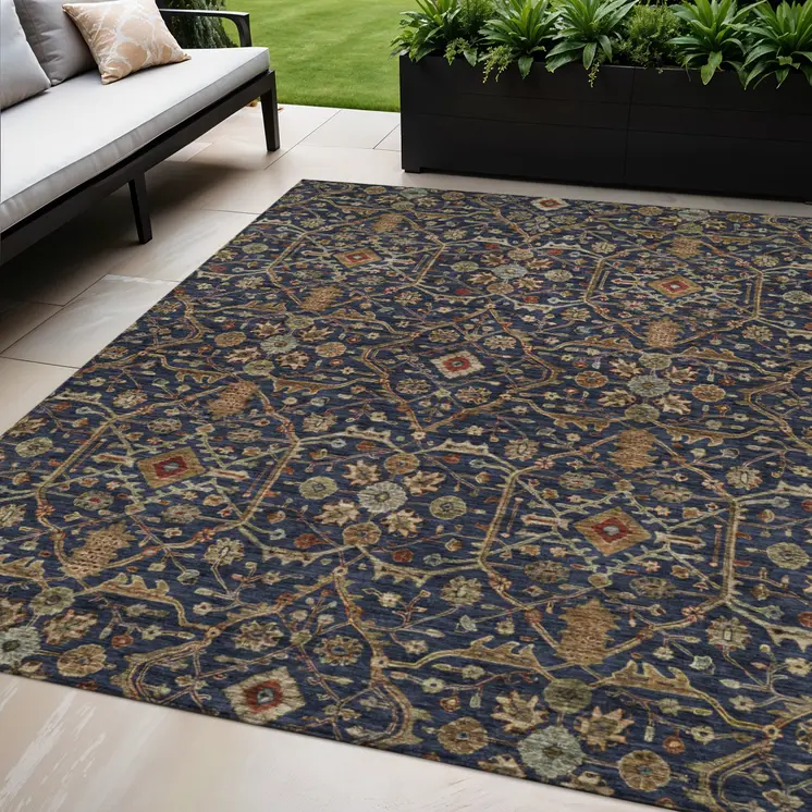 5' X 8' Navy Blue Brown And Red Floral Washable Indoor Outdoor Area Rug
