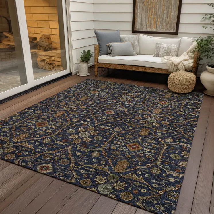 5' X 8' Navy Blue Brown And Red Floral Washable Indoor Outdoor Area Rug