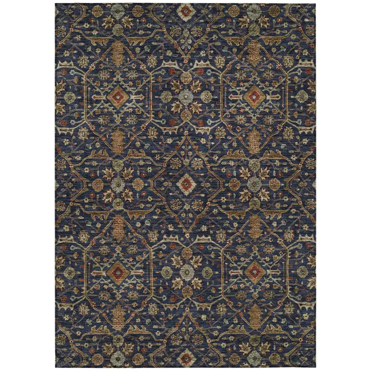5' X 8' Navy Blue Brown And Red Floral Washable Indoor Outdoor Area Rug