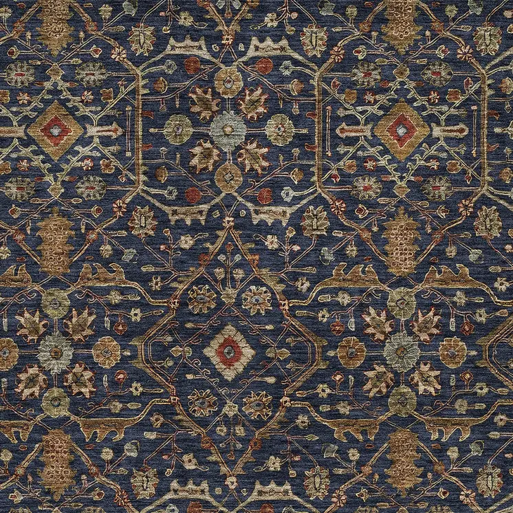 5' X 8' Navy Blue Brown And Red Floral Washable Indoor Outdoor Area Rug