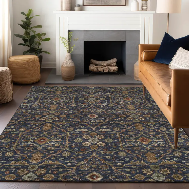 5' X 8' Navy Blue Brown And Red Floral Washable Indoor Outdoor Area Rug