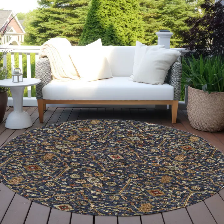 8' Navy Blue Brown And Red Round Floral Washable Indoor Outdoor Area Rug