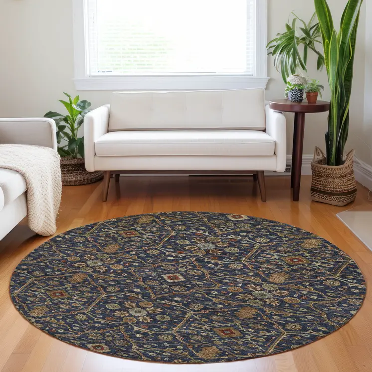 8' Navy Blue Brown And Red Round Floral Washable Indoor Outdoor Area Rug