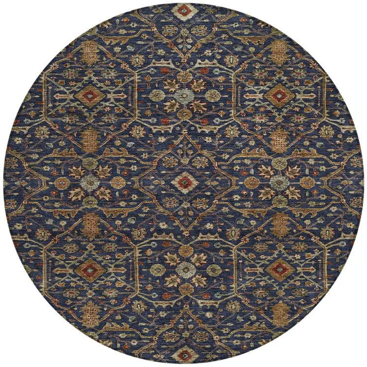 8' Navy Blue Brown And Red Round Floral Washable Indoor Outdoor Area Rug