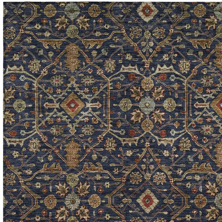 8' X 10' Navy Blue Brown And Red Floral Washable Indoor Outdoor Area Rug