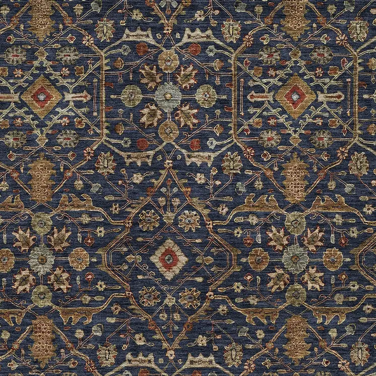 9' X 12' Navy Blue Brown And Red Floral Washable Indoor Outdoor Area Rug