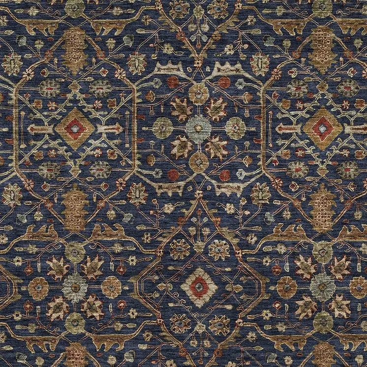 10' X 14' Navy Blue Brown And Red Floral Washable Indoor Outdoor Area Rug