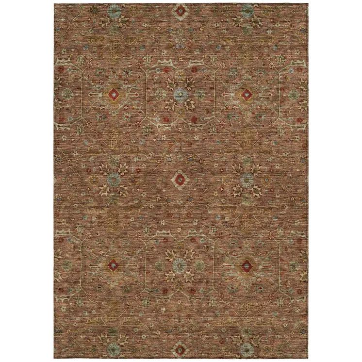 3' X 5' Brown Red And Green Floral Washable Indoor Outdoor Area Rug