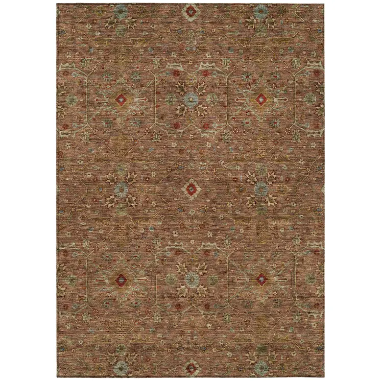 5' X 8' Brown Red And Green Floral Washable Indoor Outdoor Area Rug