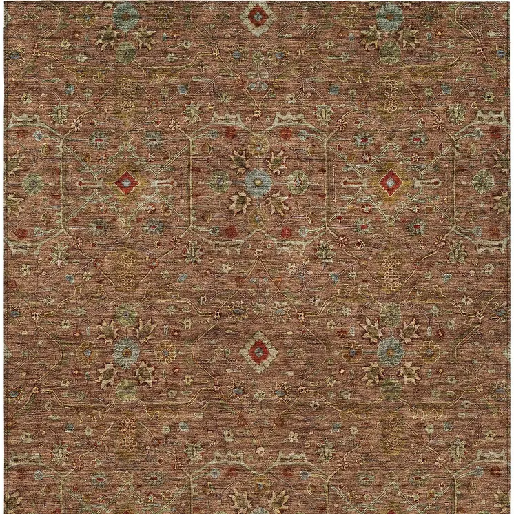 5' X 8' Brown Red And Green Floral Washable Indoor Outdoor Area Rug