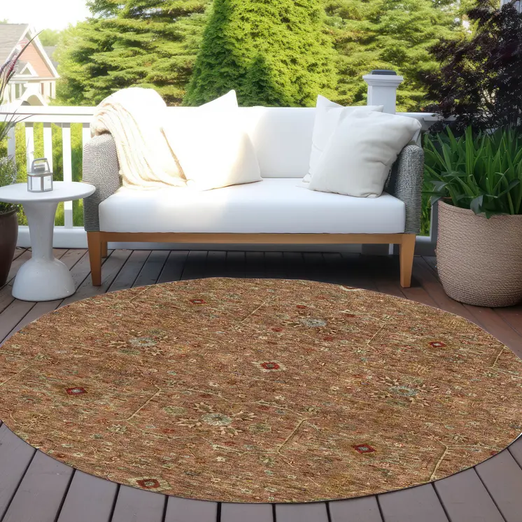 8' Brown Red And Green Round Floral Washable Indoor Outdoor Area Rug