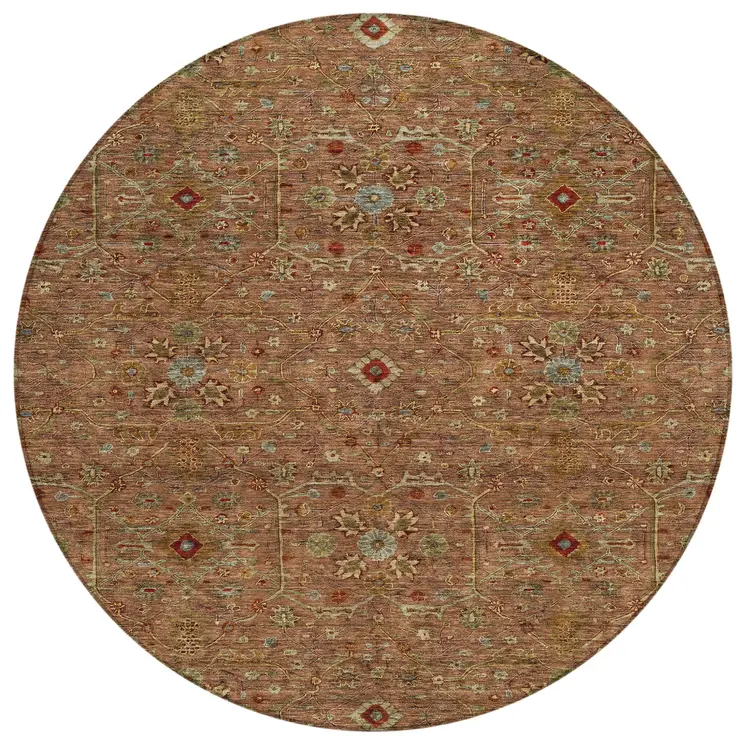 8' Brown Red And Green Round Floral Washable Indoor Outdoor Area Rug