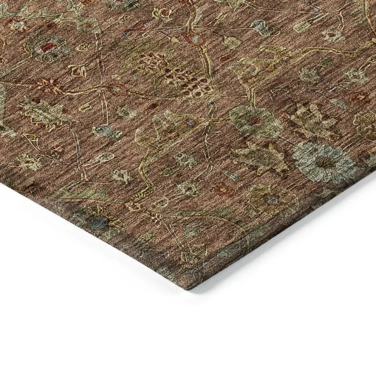 8' Brown Red And Green Round Floral Washable Indoor Outdoor Area Rug