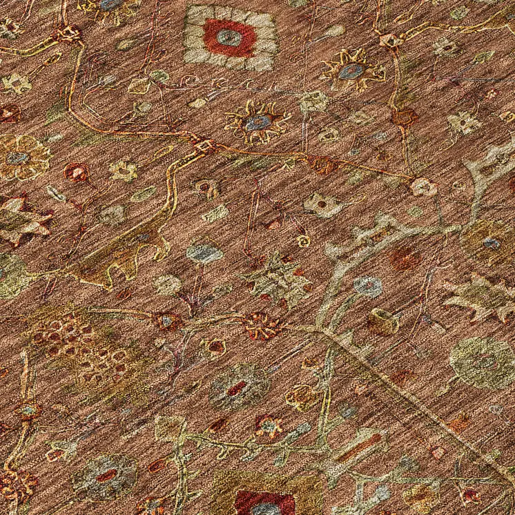 8' Brown Red And Green Round Floral Washable Indoor Outdoor Area Rug